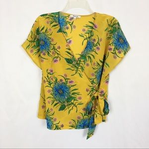 Madewell 100% silk mustard floral wrap top M